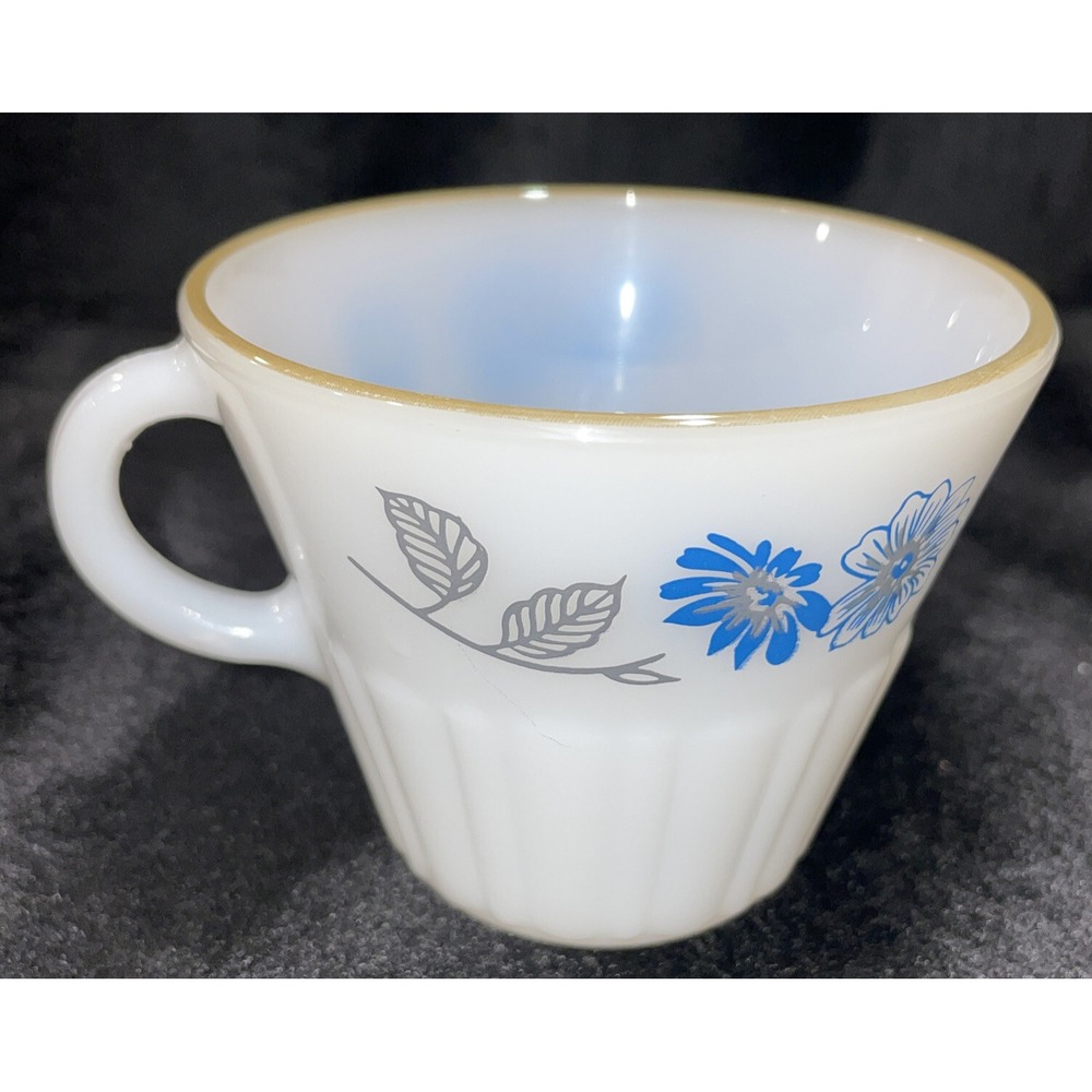 Vintage MCM Termocrisa White Milk Glass Blue Floral Gold Trim Coffee Tea Cup EUC
